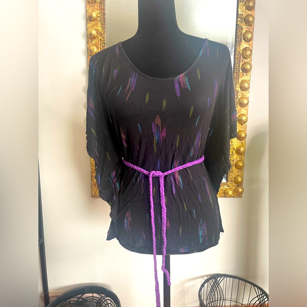 Women's Floral Tie Front Multi Scoop Drape Quarter Sleeve Pleated Tunic Blouse